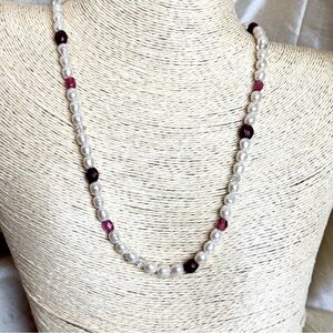 Freshwater Pearl Garnet and Quartz Beaded Necklace with Silver Clasp Handmade